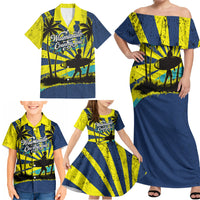 Waimanalo Oahu Hawaii Surfing Family Matching Off Shoulder Maxi Dress and Hawaiian Shirt Tropical Beach Retro Sunburst Surfboard