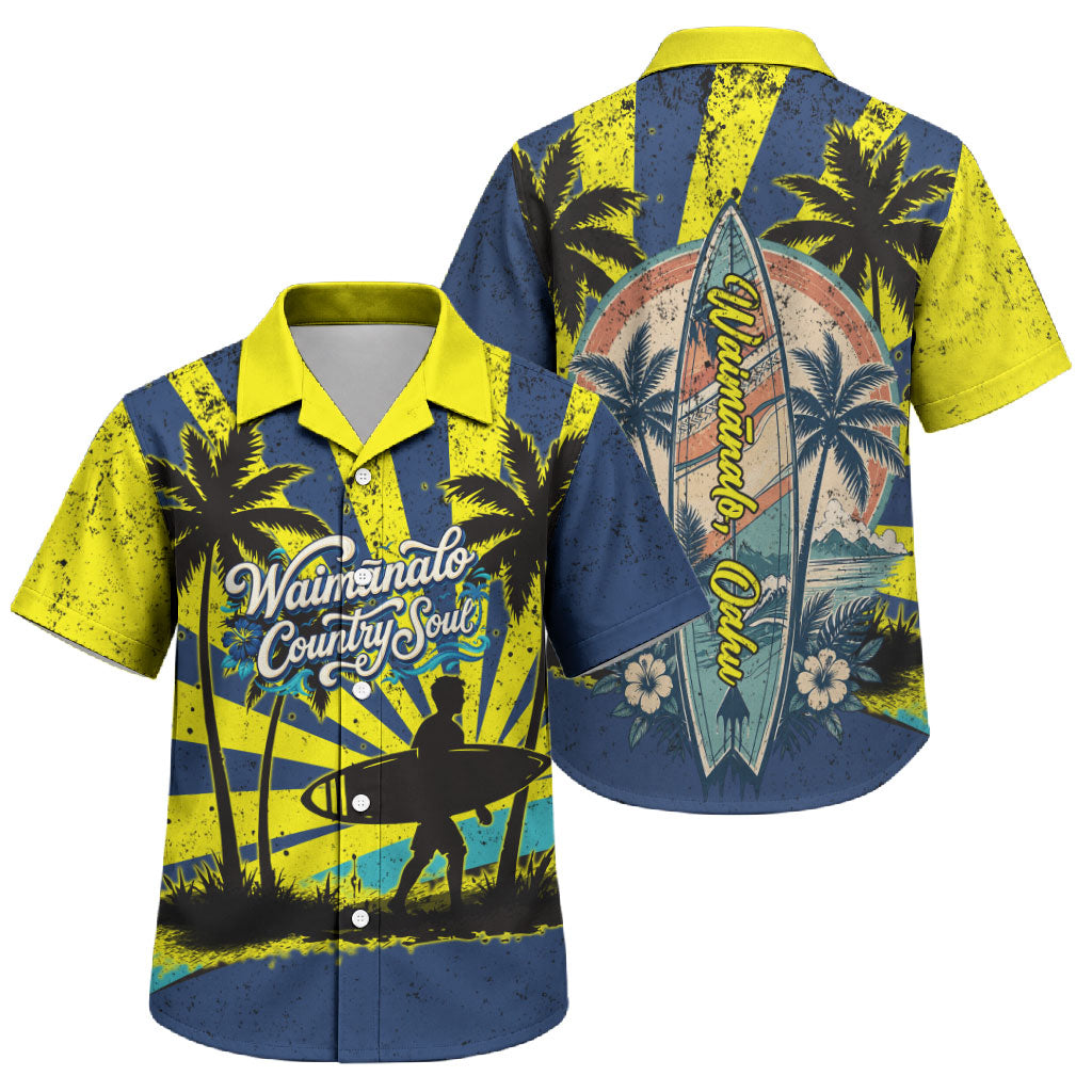 Waimanalo Oahu Hawaii Surfing Family Matching Off Shoulder Short Dress and Hawaiian Shirt Tropical Beach Retro Sunburst Surfboard
