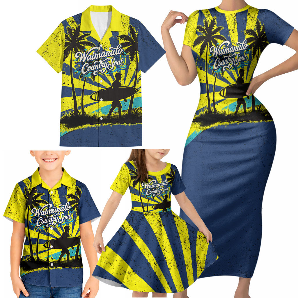 Waimanalo Oahu Hawaii Surfing Family Matching Short Sleeve Bodycon Dress and Hawaiian Shirt Tropical Beach Retro Sunburst Surfboard TS04 - Polynesian Pride
