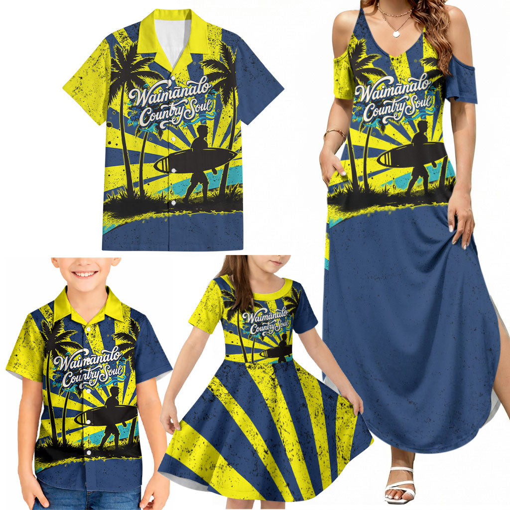 Waimanalo Oahu Hawaii Surfing Family Matching Summer Maxi Dress and Hawaiian Shirt Tropical Beach Retro Sunburst Surfboard