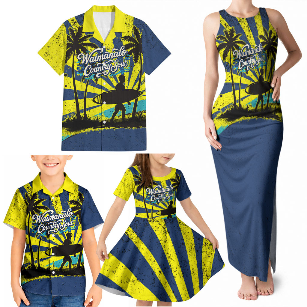 Waimanalo Oahu Hawaii Surfing Family Matching Tank Maxi Dress and Hawaiian Shirt Tropical Beach Retro Sunburst Surfboard