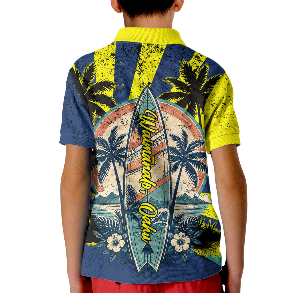 Waimanalo Oahu Hawaii Surfing Kid Polo Shirt Tropical Beach Retro Sunburst Surfboard