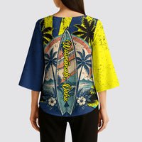 Waimanalo Oahu Hawaii Surfing Kimono Sleeve Blouse Tropical Beach Retro Sunburst Surfboard