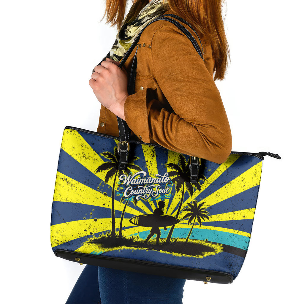Waimanalo Oahu Hawaii Surfing Leather Tote Bag Tropical Beach Retro Sunburst Surfboard