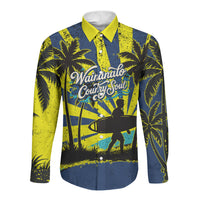 Waimanalo Oahu Hawaii Surfing Long Sleeve Button Shirt Tropical Beach Retro Sunburst Surfboard