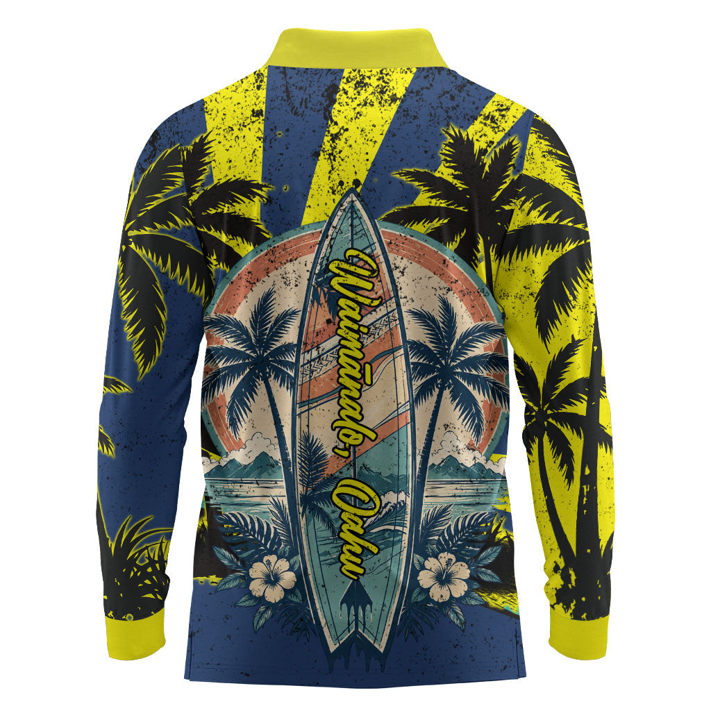 Waimanalo Oahu Hawaii Surfing Long Sleeve Polo Shirt Tropical Beach Retro Sunburst Surfboard