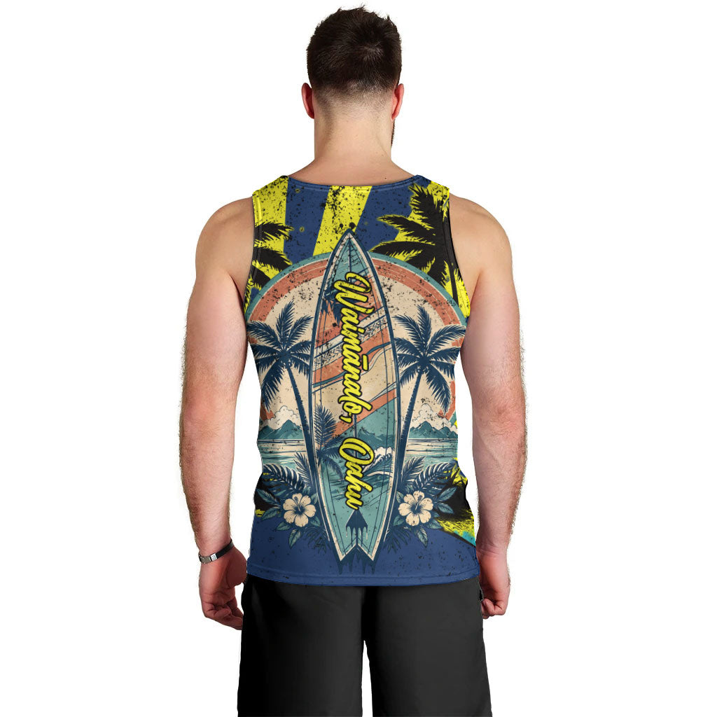 Waimanalo Oahu Hawaii Surfing Men Tank Top Tropical Beach Retro Sunburst Surfboard