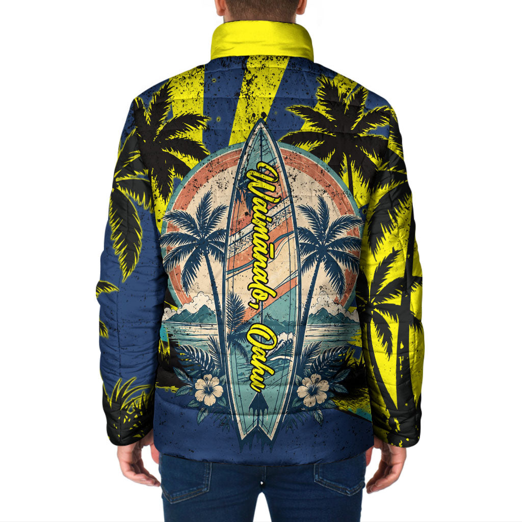Waimanalo Oahu Hawaii Surfing Padded Jacket Tropical Beach Retro Sunburst Surfboard