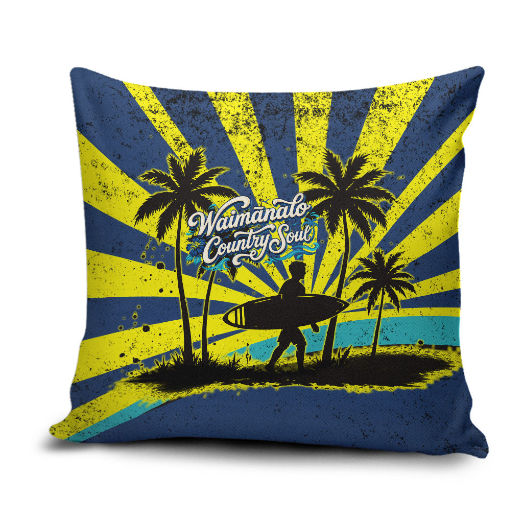 Waimanalo Oahu Hawaii Surfing Pillow Cover Tropical Beach Retro Sunburst Surfboard