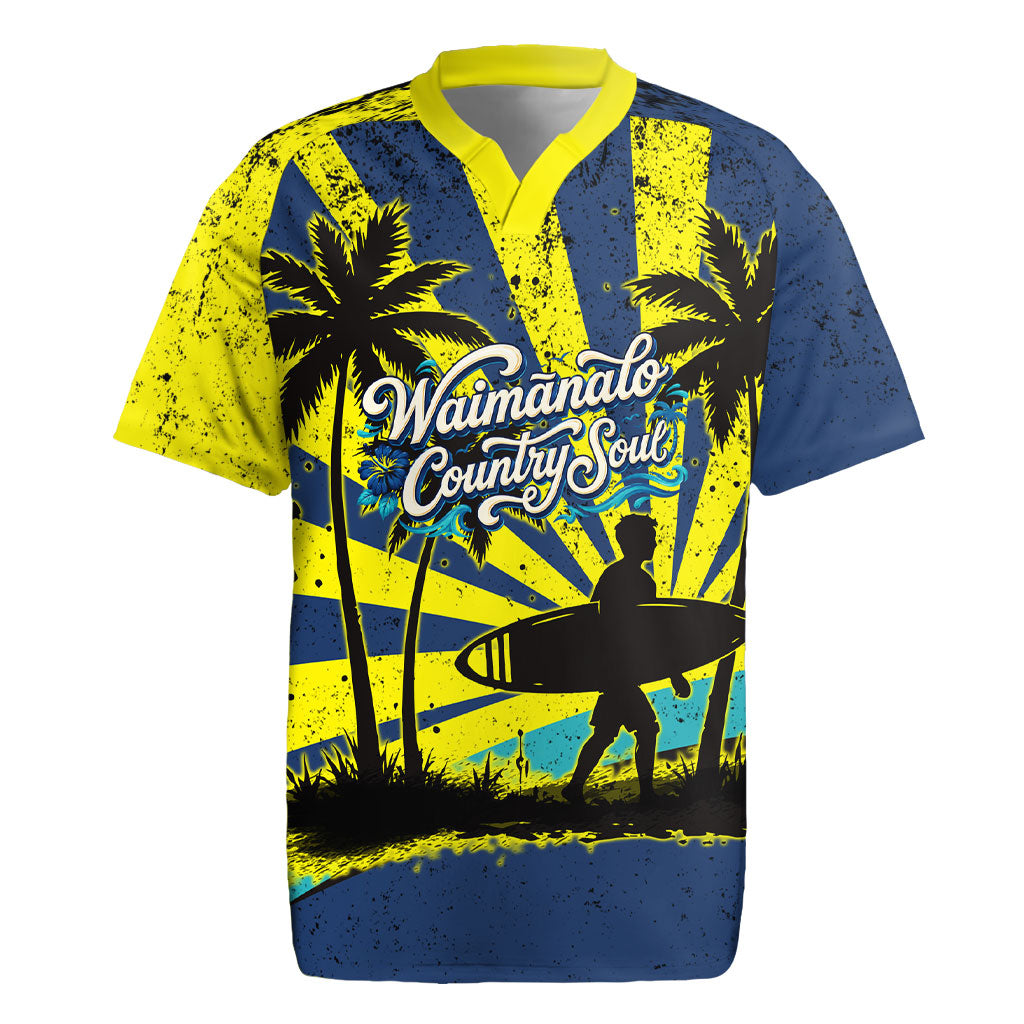 Waimanalo Oahu Hawaii Surfing Rugby Jersey Tropical Beach Retro Sunburst Surfboard