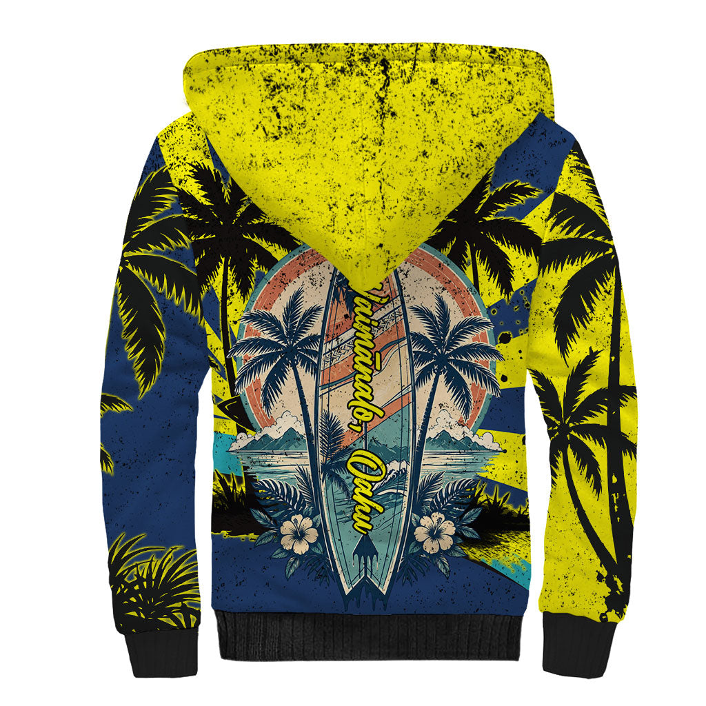 Waimanalo Oahu Hawaii Surfing Sherpa Hoodie Tropical Beach Retro Sunburst Surfboard