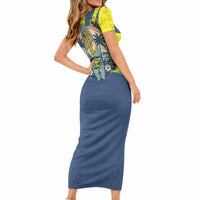 Waimanalo Oahu Hawaii Surfing Short Sleeve Bodycon Dress Tropical Beach Retro Sunburst Surfboard