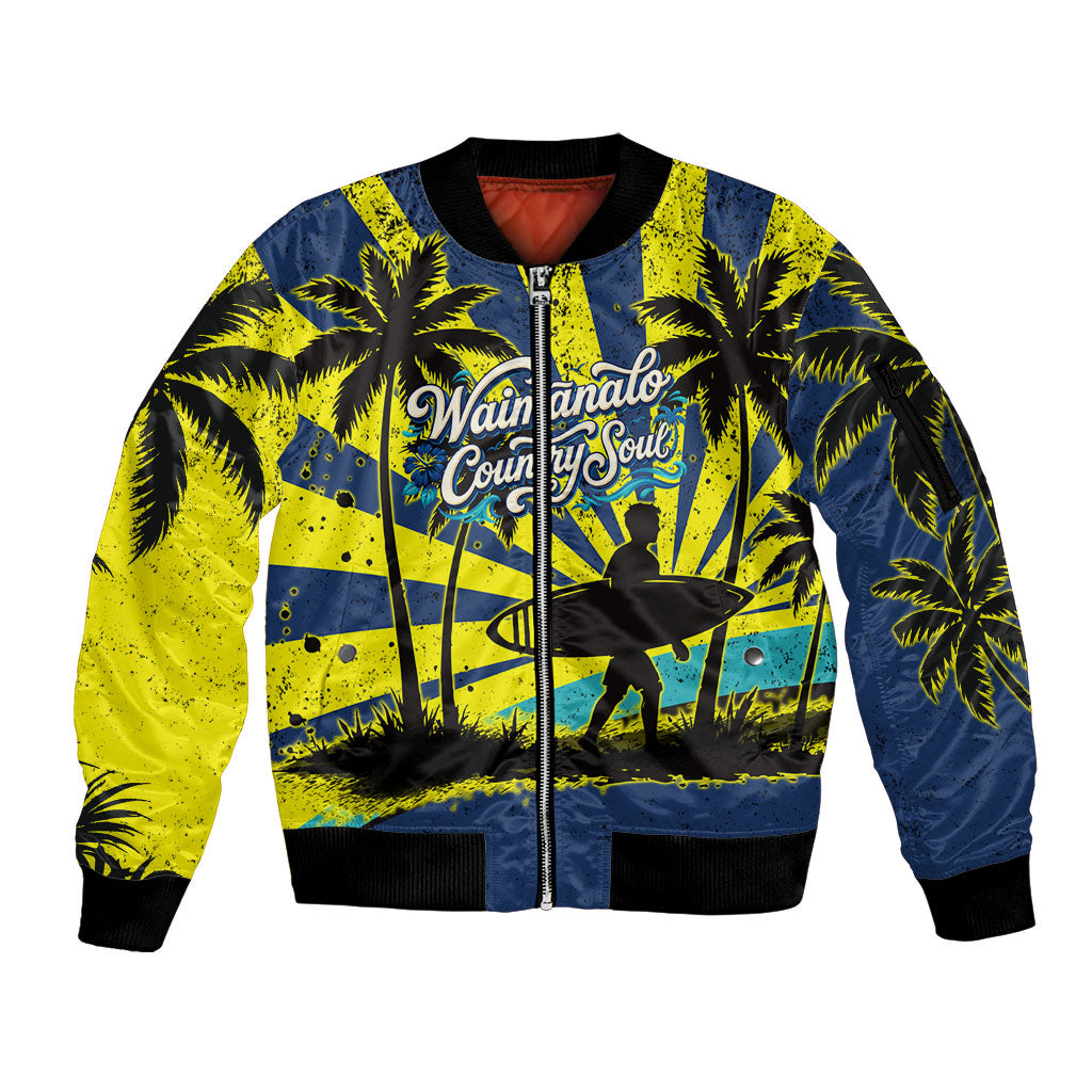 Waimanalo Oahu Hawaii Surfing Sleeve Zip Bomber Jacket Tropical Beach Retro Sunburst Surfboard