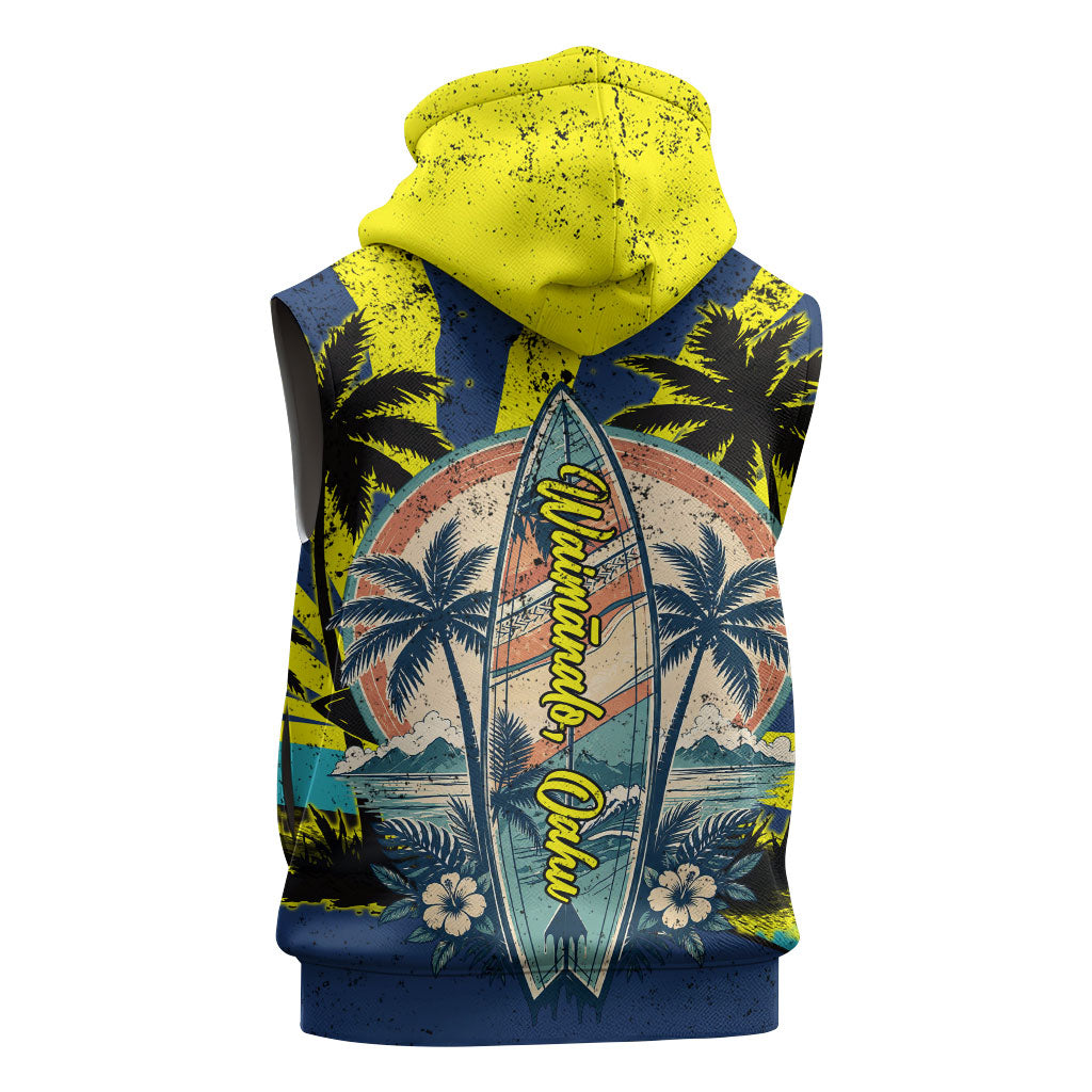 Waimanalo Oahu Hawaii Surfing Sleeveless Zip Hoodie Tropical Beach Retro Sunburst Surfboard