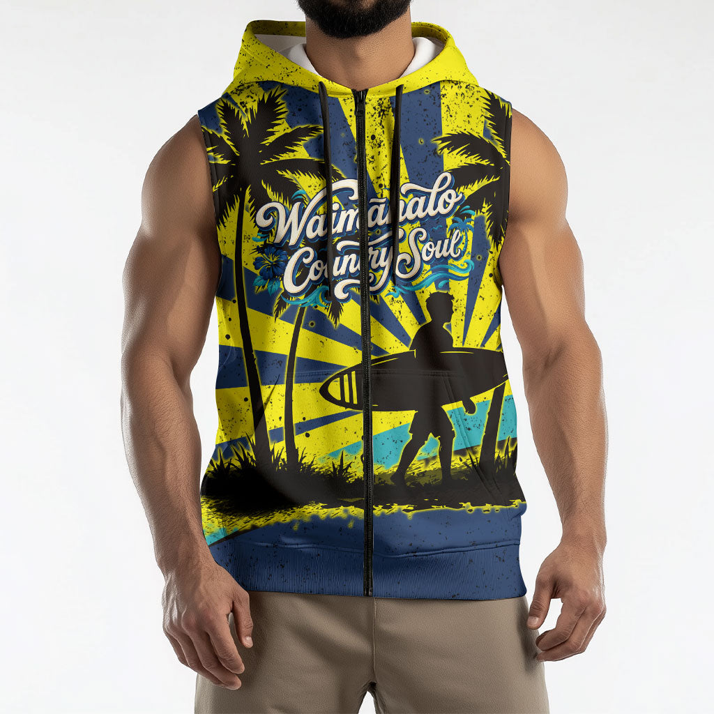 Waimanalo Oahu Hawaii Surfing Sleeveless Zip Hoodie Tropical Beach Retro Sunburst Surfboard