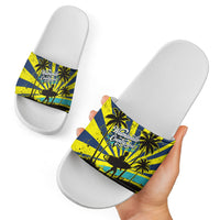 Waimanalo Oahu Hawaii Surfing Slide Sandals Tropical Beach Retro Sunburst Surfboard