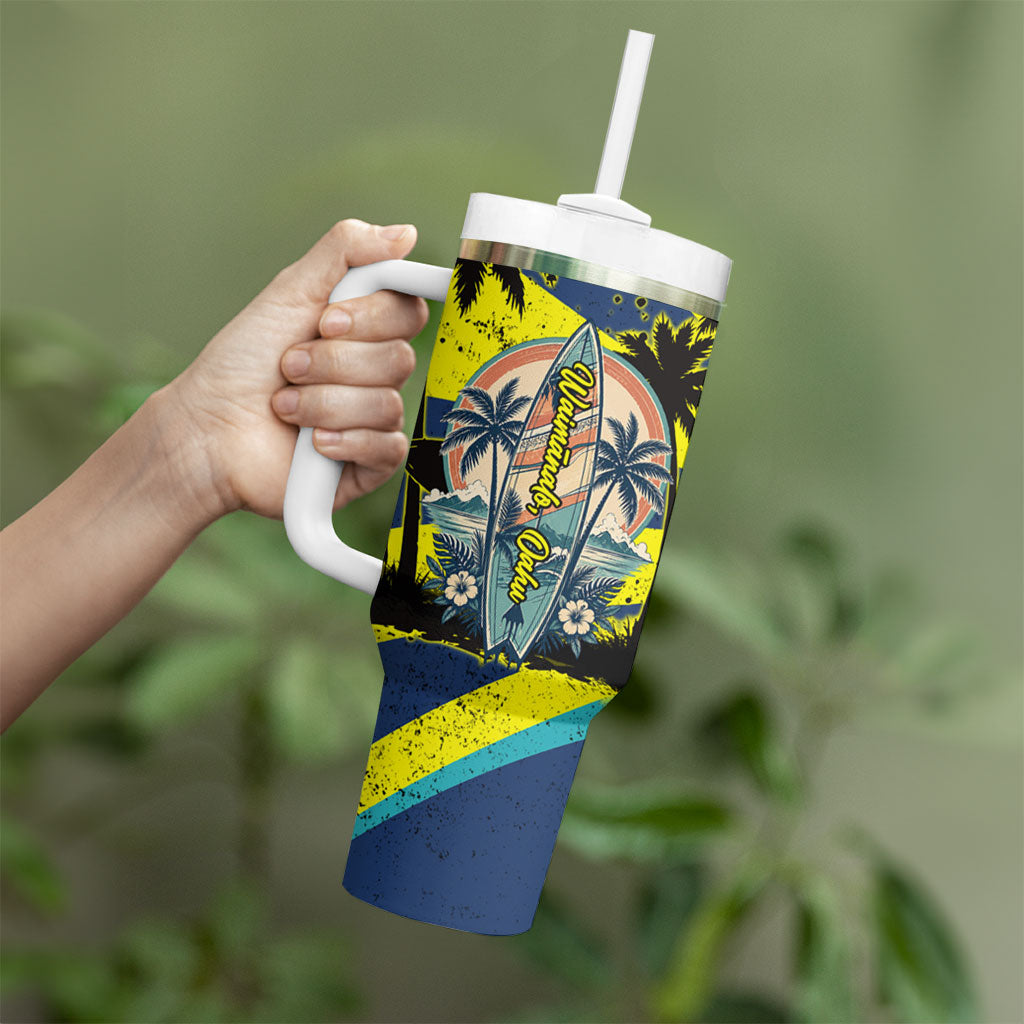 Waimanalo Oahu Hawaii Surfing Tumbler With Handle Tropical Beach Retro Sunburst Surfboard