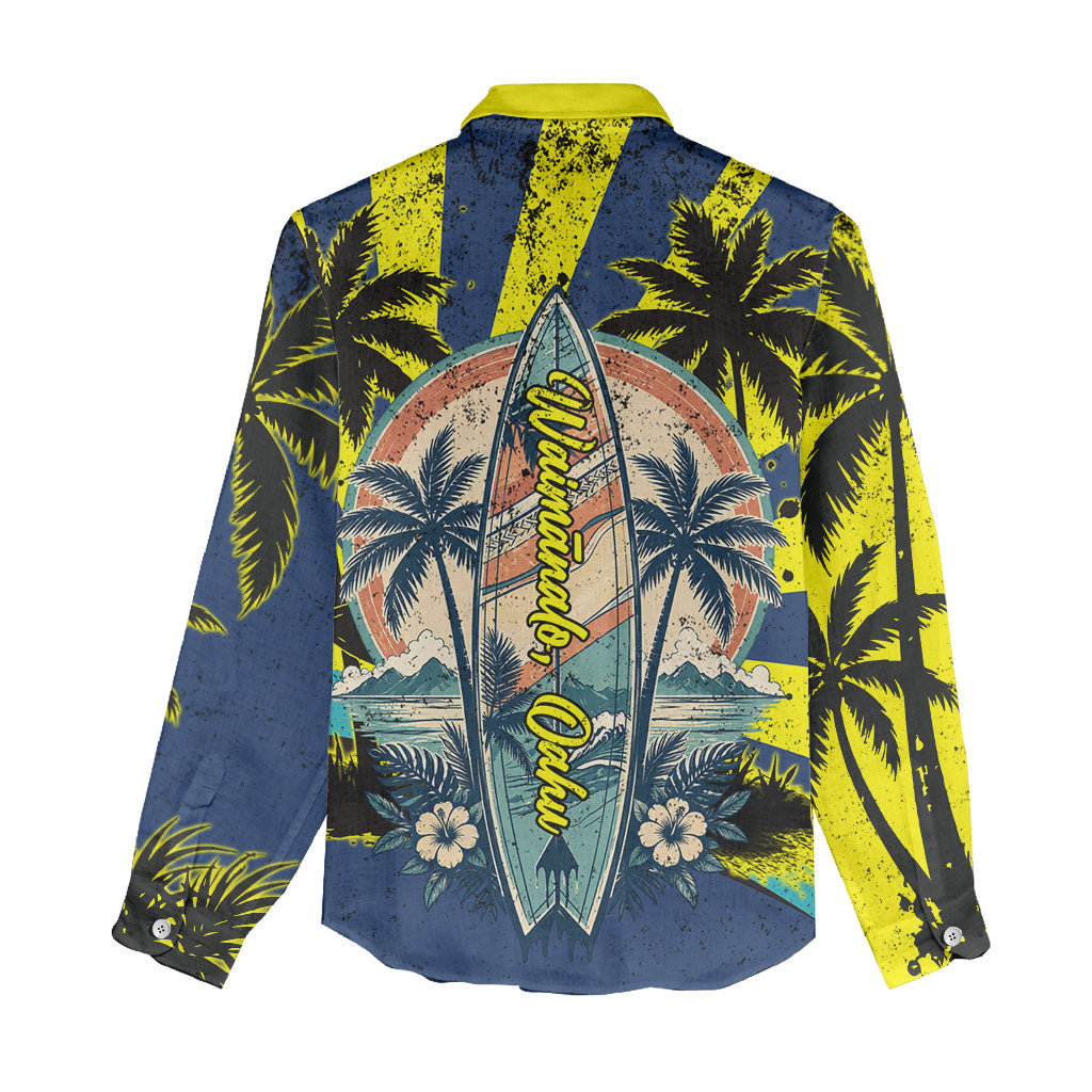 Waimanalo Oahu Hawaii Surfing Women Casual Shirt Tropical Beach Retro Sunburst Surfboard