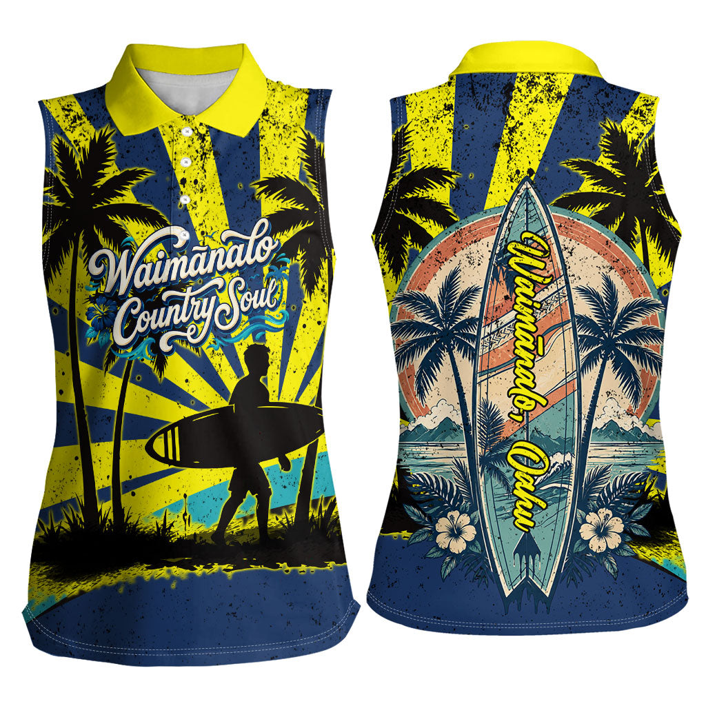 Waimanalo Oahu Hawaii Surfing Women Sleeveless Polo Shirt Tropical Beach Retro Sunburst Surfboard