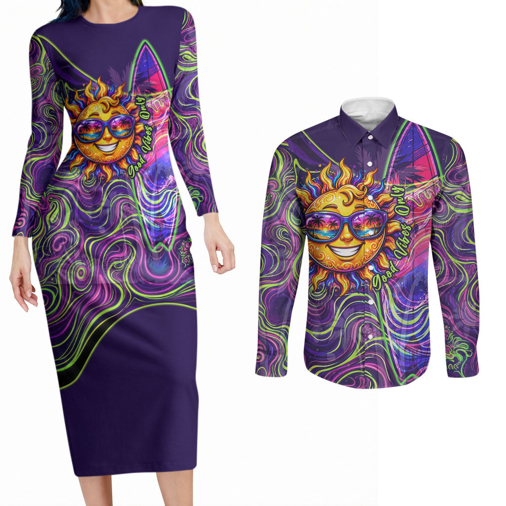 Waimanalo Hawaii Sun Rabbit Couples Matching Long Sleeve Bodycon Dress and Long Sleeve Button Shirt Psychedelic Trippy Neon Swirl Graphic