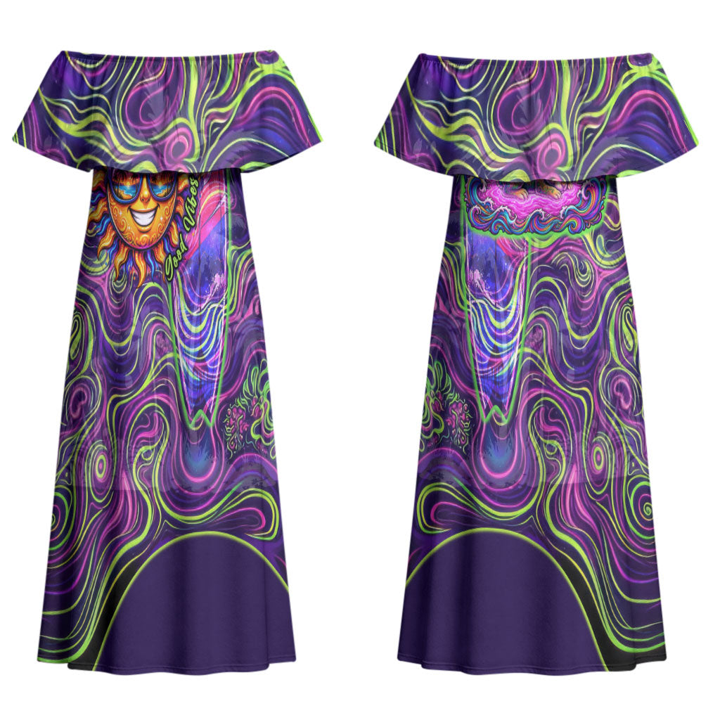 Waimanalo Hawaii Sun Rabbit Couples Matching Off Shoulder Maxi Dress and Long Sleeve Button Shirt Psychedelic Trippy Neon Swirl Graphic