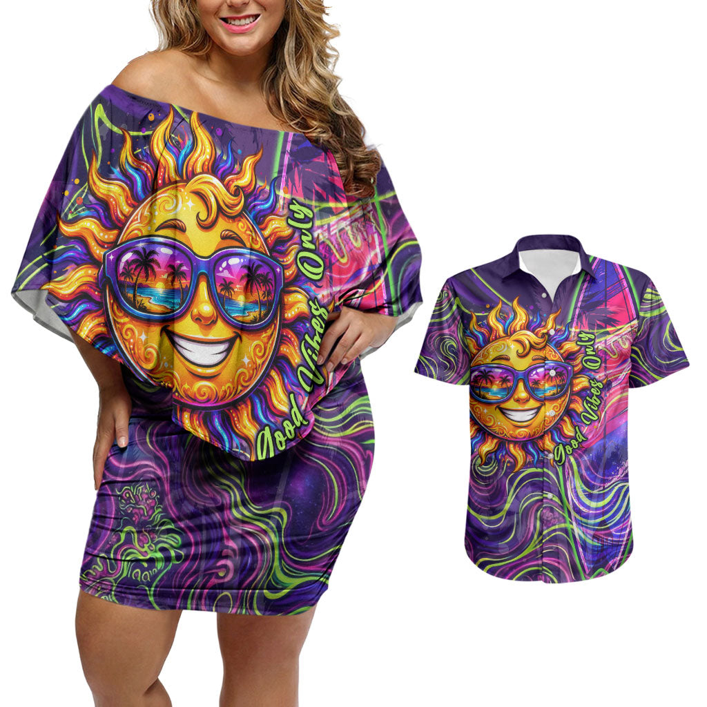 Waimanalo Hawaii Sun Rabbit Couples Matching Off Shoulder Short Dress and Hawaiian Shirt Psychedelic Trippy Neon Swirl Graphic