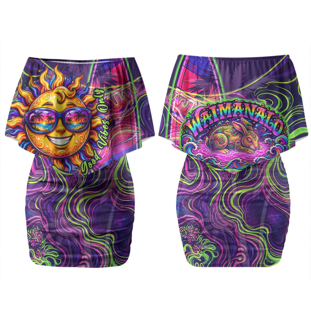 Waimanalo Hawaii Sun Rabbit Couples Matching Off Shoulder Short Dress and Hawaiian Shirt Psychedelic Trippy Neon Swirl Graphic