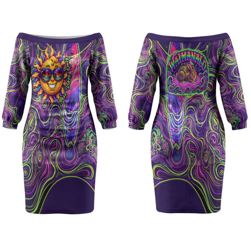 Waimanalo Hawaii Sun Rabbit Couples Matching Off The Shoulder Long Sleeve Dress and Hawaiian Shirt Psychedelic Trippy Neon Swirl Graphic