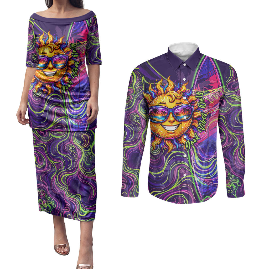 Waimanalo Hawaii Sun Rabbit Couples Matching Puletasi and Long Sleeve Button Shirt Psychedelic Trippy Neon Swirl Graphic