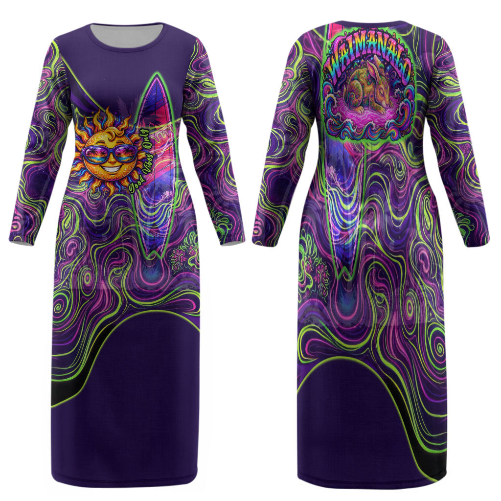 Waimanalo Hawaii Sun Rabbit Family Matching Long Sleeve Bodycon Dress and Hawaiian Shirt Psychedelic Trippy Neon Swirl Graphic