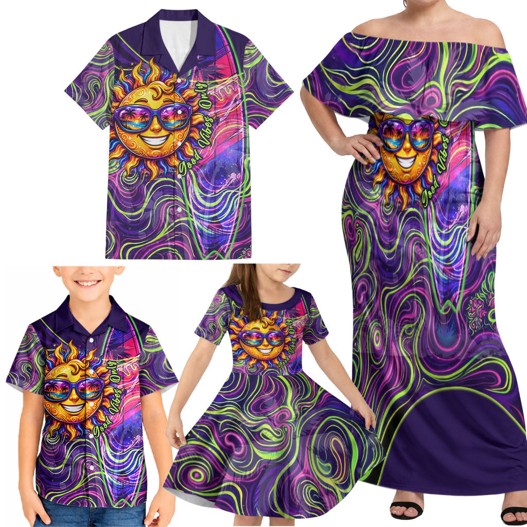 Waimanalo Hawaii Sun Rabbit Family Matching Off Shoulder Maxi Dress and Hawaiian Shirt Psychedelic Trippy Neon Swirl Graphic TS04 - Polynesian Pride