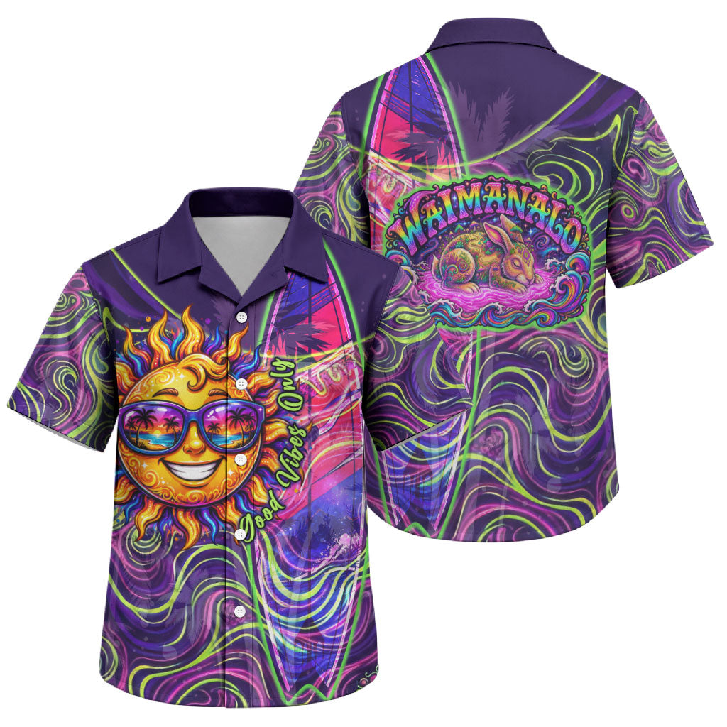 Waimanalo Hawaii Sun Rabbit Family Matching Off Shoulder Maxi Dress and Hawaiian Shirt Psychedelic Trippy Neon Swirl Graphic