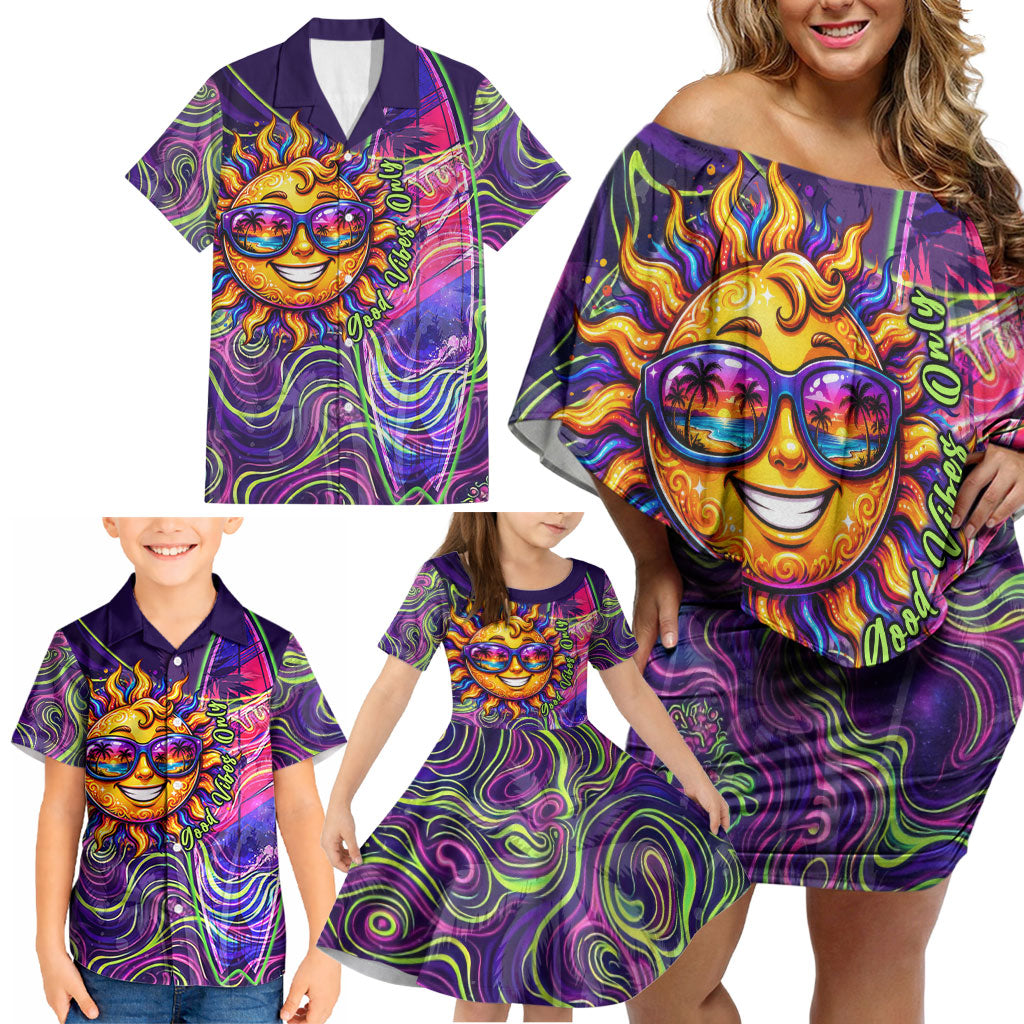 Waimanalo Hawaii Sun Rabbit Family Matching Off Shoulder Short Dress and Hawaiian Shirt Psychedelic Trippy Neon Swirl Graphic TS04 - Polynesian Pride