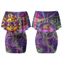 Waimanalo Hawaii Sun Rabbit Family Matching Off Shoulder Short Dress and Hawaiian Shirt Psychedelic Trippy Neon Swirl Graphic