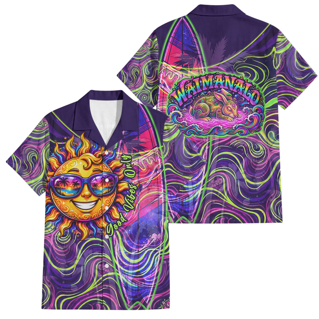 Waimanalo Hawaii Sun Rabbit Family Matching Off Shoulder Short Dress and Hawaiian Shirt Psychedelic Trippy Neon Swirl Graphic