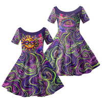 Waimanalo Hawaii Sun Rabbit Family Matching Off Shoulder Short Dress and Hawaiian Shirt Psychedelic Trippy Neon Swirl Graphic