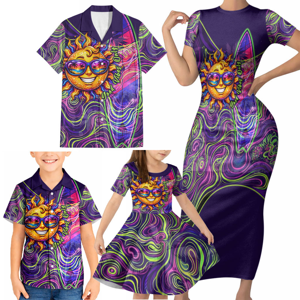 Waimanalo Hawaii Sun Rabbit Family Matching Short Sleeve Bodycon Dress and Hawaiian Shirt Psychedelic Trippy Neon Swirl Graphic