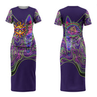 Waimanalo Hawaii Sun Rabbit Family Matching Short Sleeve Bodycon Dress and Hawaiian Shirt Psychedelic Trippy Neon Swirl Graphic