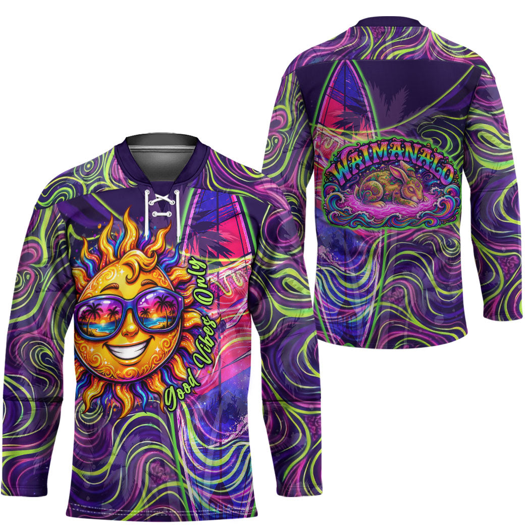 Waimanalo Hawaii Sun Rabbit Hockey Jersey Psychedelic Trippy Neon Swirl Graphic