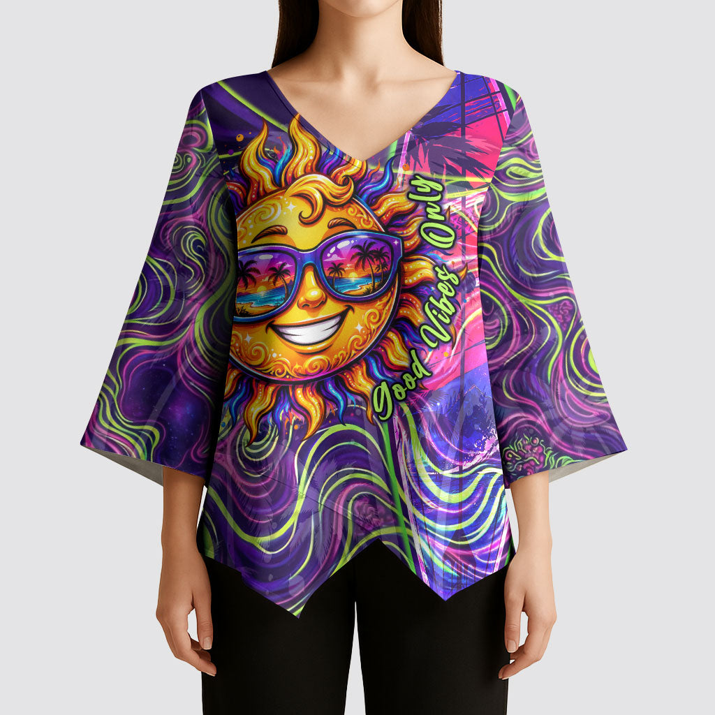 Waimanalo Hawaii Sun Rabbit Kimono Sleeve Blouse Psychedelic Trippy Neon Swirl Graphic