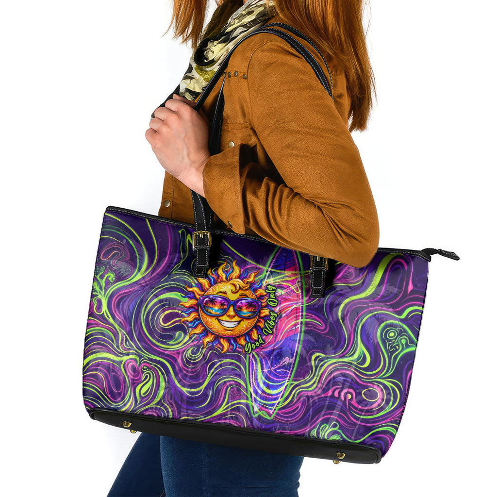 Waimanalo Hawaii Sun Rabbit Leather Tote Bag Psychedelic Trippy Neon Swirl Graphic TS04 Purple Green - Polynesian Pride