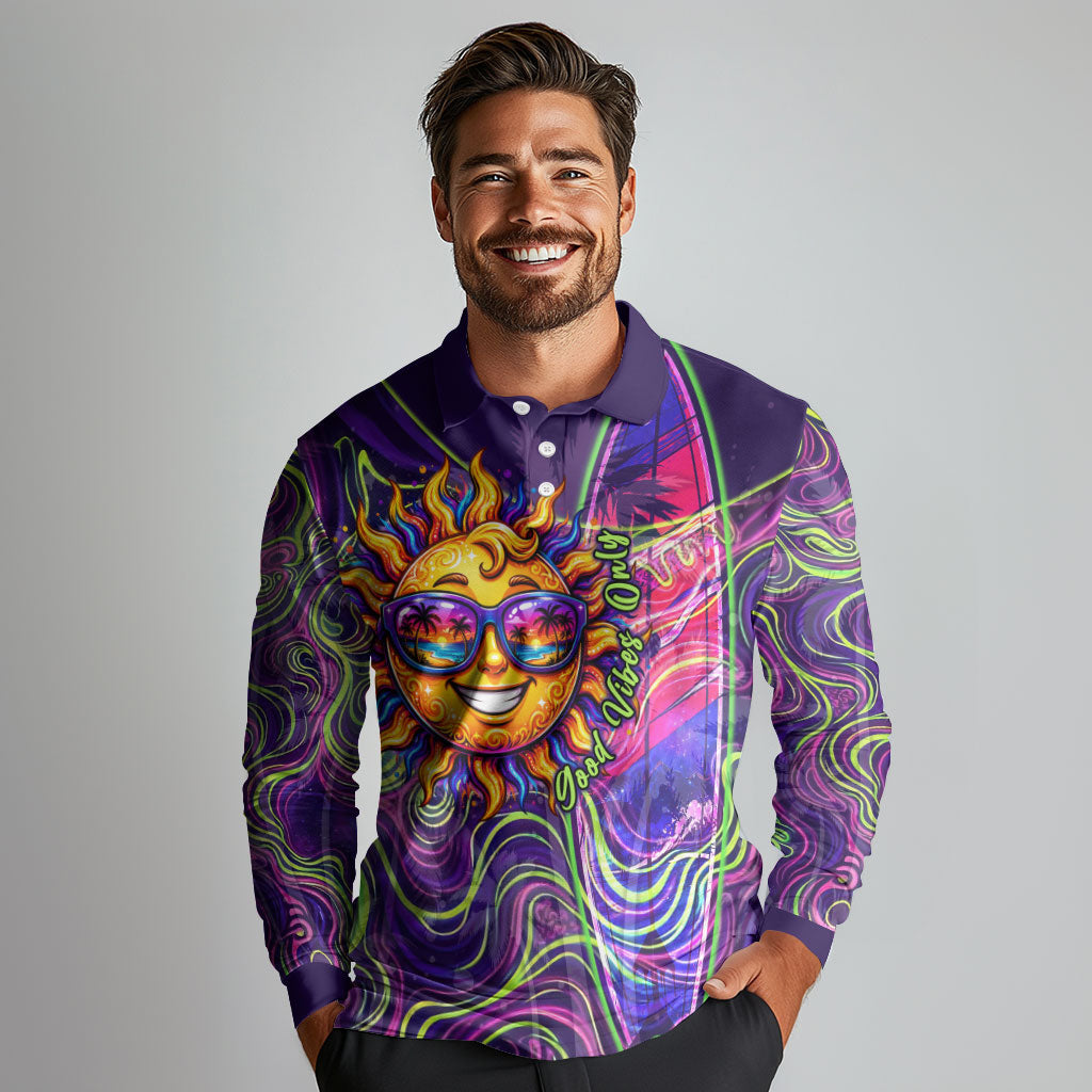 Waimanalo Hawaii Sun Rabbit Long Sleeve Polo Shirt Psychedelic Trippy Neon Swirl Graphic