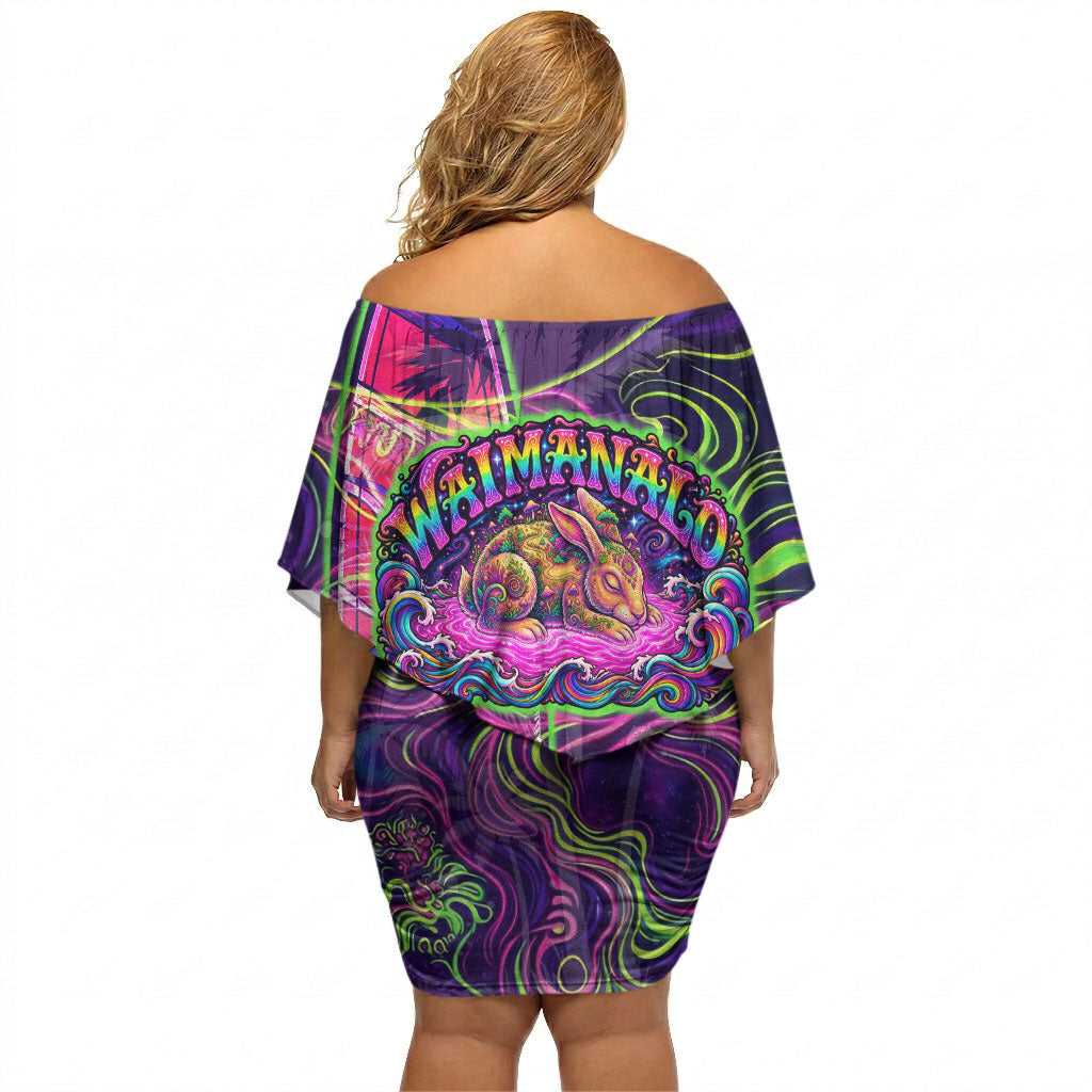 Waimanalo Hawaii Sun Rabbit Off Shoulder Short Dress Psychedelic Trippy Neon Swirl Graphic
