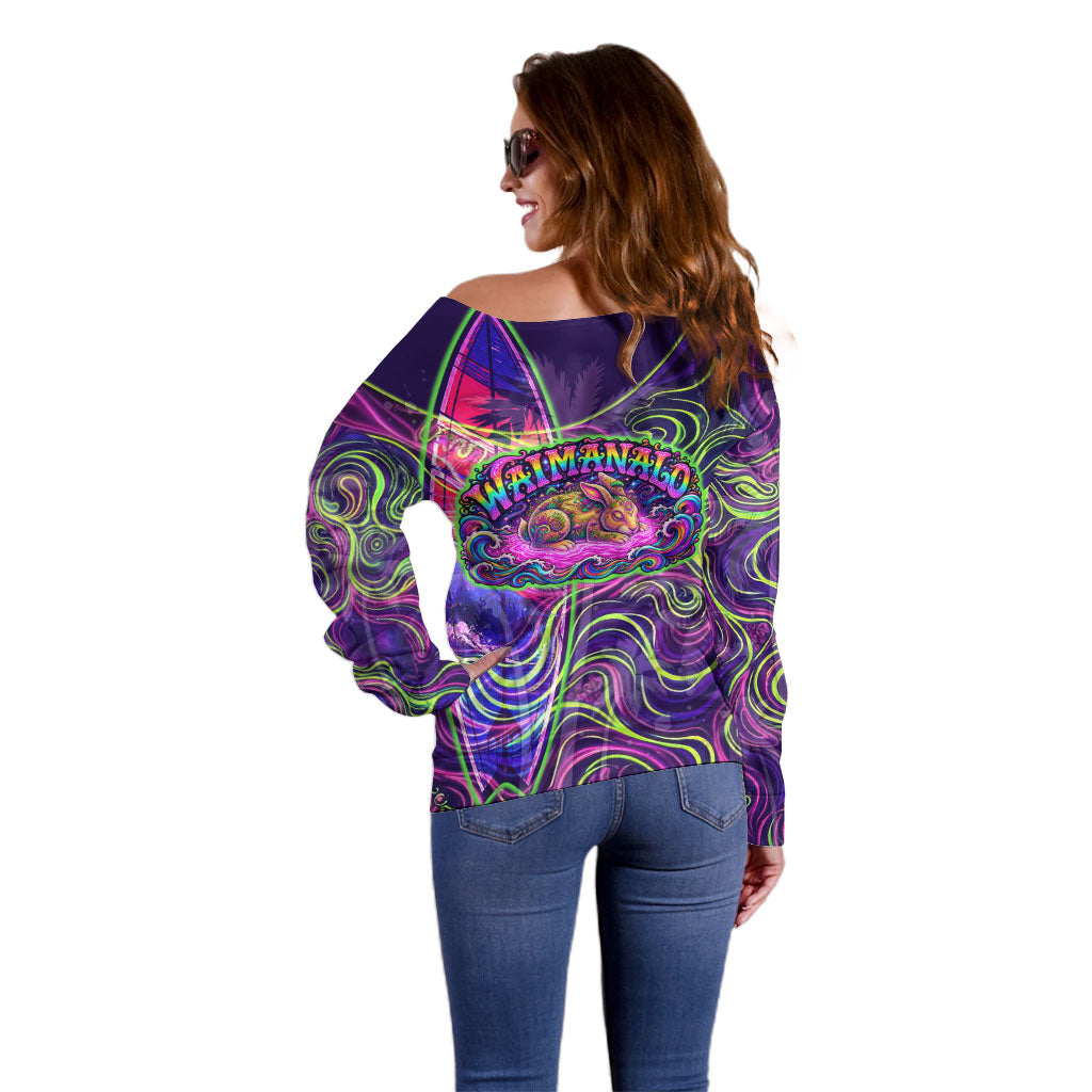 Waimanalo Hawaii Sun Rabbit Off Shoulder Sweater Psychedelic Trippy Neon Swirl Graphic