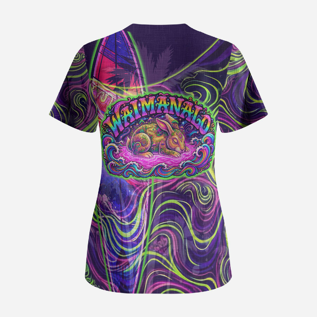 Waimanalo Hawaii Sun Rabbit Scrub Top Psychedelic Trippy Neon Swirl Graphic