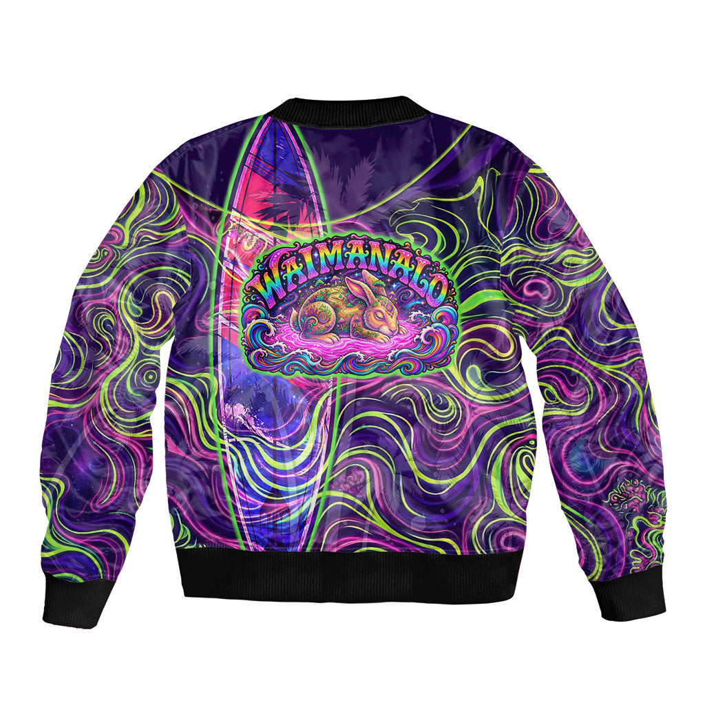 Waimanalo Hawaii Sun Rabbit Sleeve Zip Bomber Jacket Psychedelic Trippy Neon Swirl Graphic