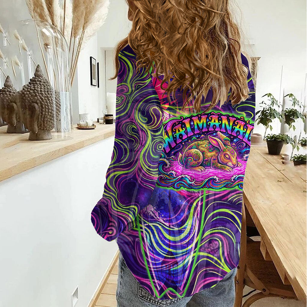 Waimanalo Hawaii Sun Rabbit Women Casual Shirt Psychedelic Trippy Neon Swirl Graphic