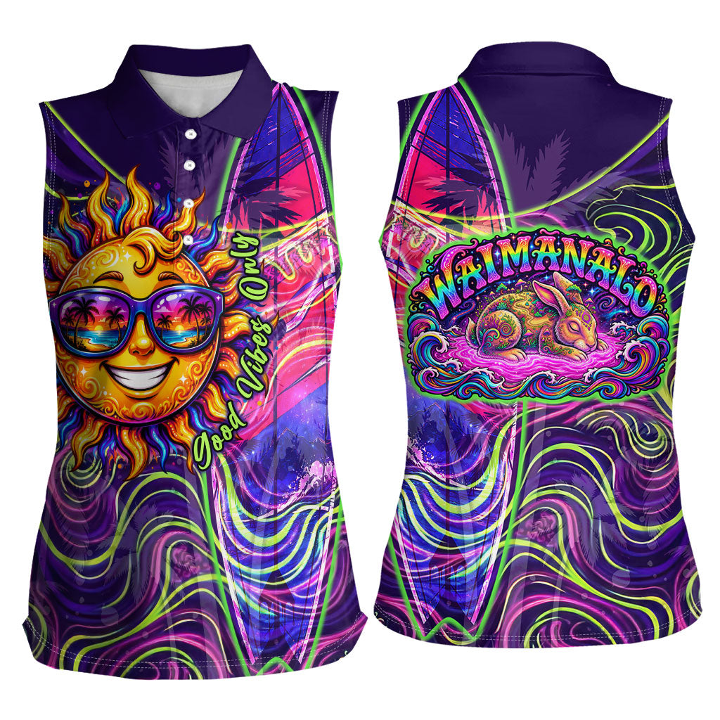 Waimanalo Hawaii Sun Rabbit Women Sleeveless Polo Shirt Psychedelic Trippy Neon Swirl Graphic