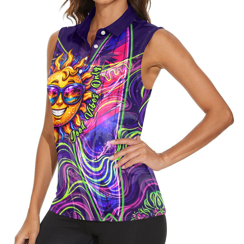 Waimanalo Hawaii Sun Rabbit Women Sleeveless Polo Shirt Psychedelic Trippy Neon Swirl Graphic