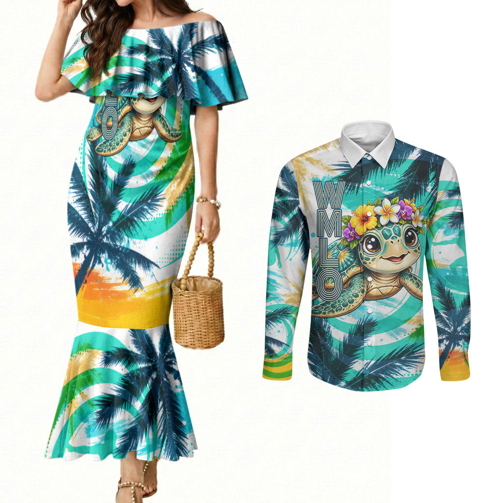 Hawaii Waimanalo Sea Turtle Couples Matching Mermaid Dress and Long Sleeve Button Shirt Cute Tropical Beach Aloha Spirit Cartoon
